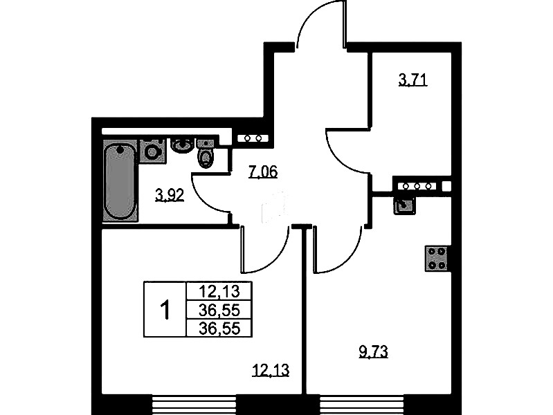 1-комнатная квартира 36.55 м², 11/11 эт., ЖК «Квартал Лаголово»